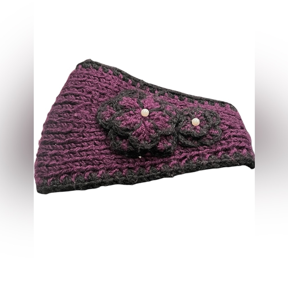 Purple crochet Ear Warmer Headband with Flower Pearl